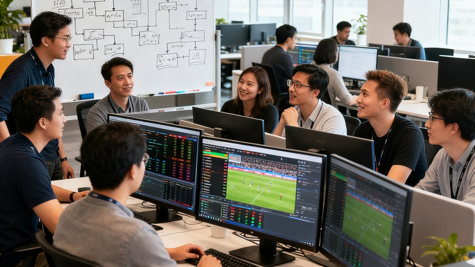 华体会北京总部开放式办公区，十几位数据工程师和产品设计师围坐在显示器前讨论赛事数据可视化方案，白板上画满了架构图，环境明亮通透。