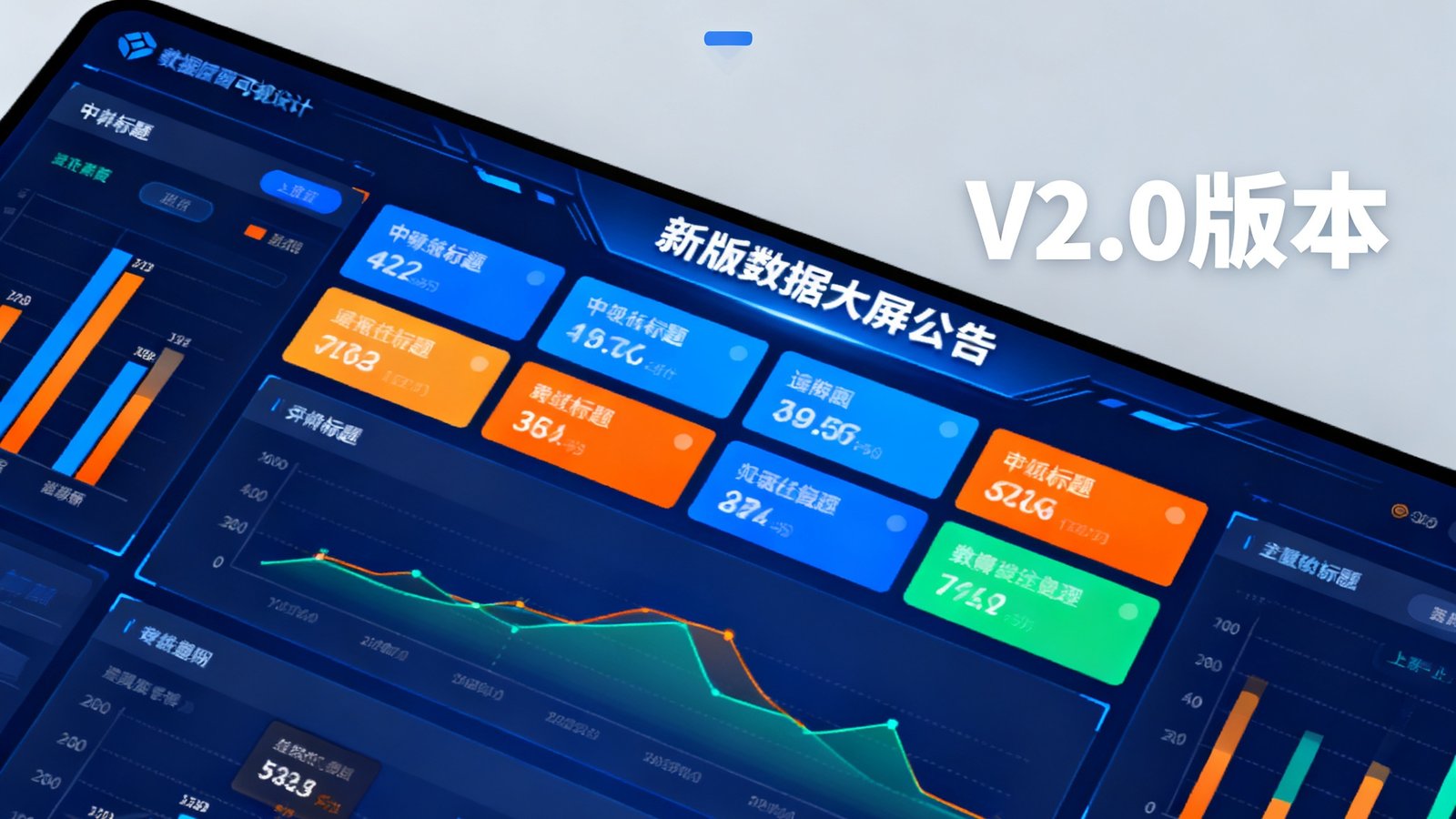 技术升级公告的配图，展示新版数据大屏的界面设计稿，配色更加鲜明，信息层级更加清晰。