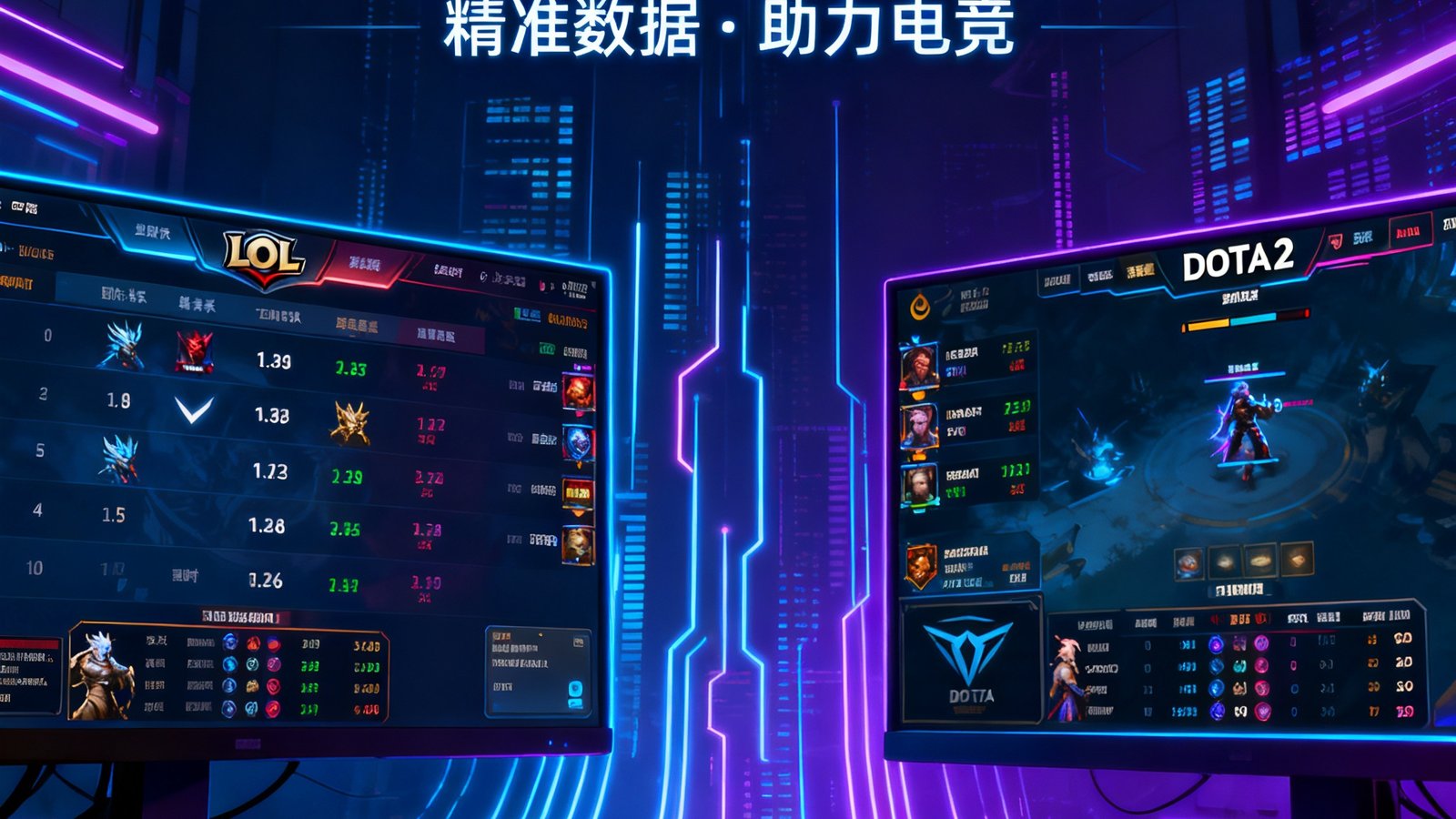 电子竞技数据服务上线的预告图，画面以赛博朋克风格展示LOL和DOTA2比赛数据界面。
